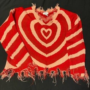 Distressed Just Polly Knit Sweater 1X Frayed Heart Pattern Relaxed Valentine